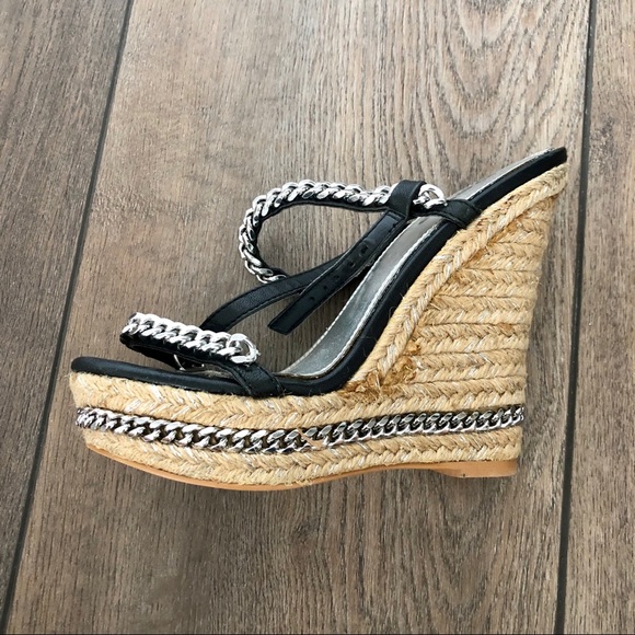Rare BEBE Black Thea Chain Espadrille Wedges - Picture 4 of 12